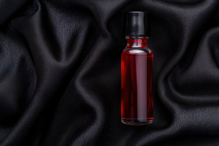 Mysterious red perfume bottle on black fabricの素材