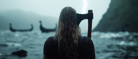 Viking warrior with axe overlooking fjordの素材