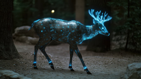 Glowing deer in the forest at nightの素材