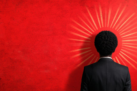 businessman standing in front of red abstract backgroundの素材