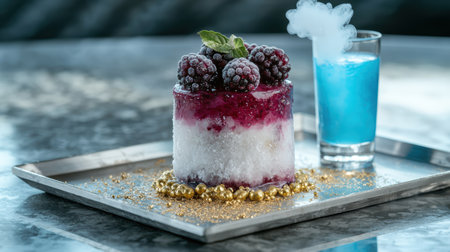 Frozen dessert with berries and gold accentsの素材