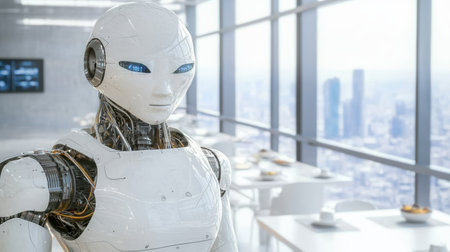 Futuristic robot in modern office settingの素材