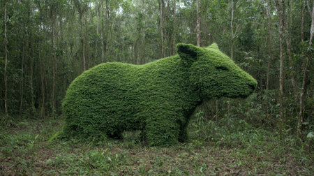 Lush green forest with mossy sculptureの素材