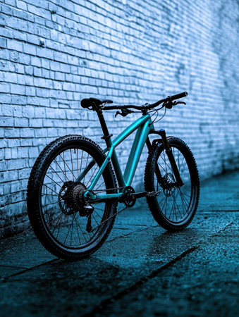 Sleek mountain bike against a blue brick wallの素材
