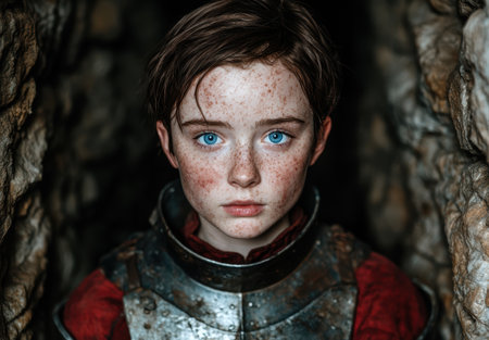 Freckled young person with striking blue eyesの素材