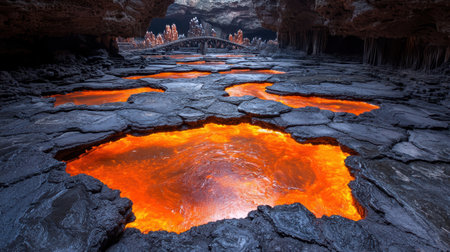 Glowing lava flows in a dark caveの素材