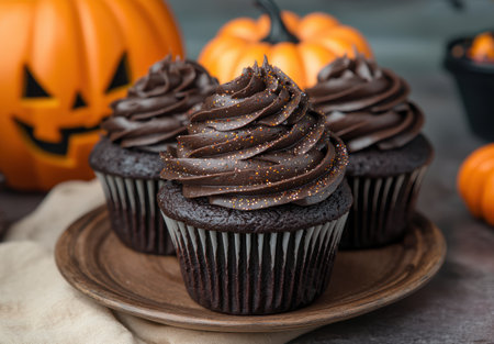 Spooky Halloween chocolate cupcakes with pumpkinsの素材