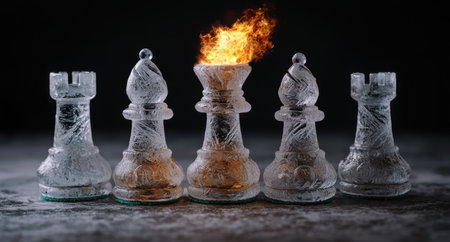 Burning chess pieces on a dark backgroundの素材