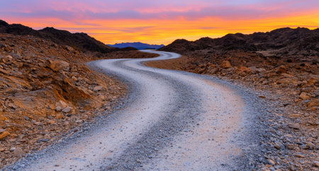 Winding desert road at sunsetの素材