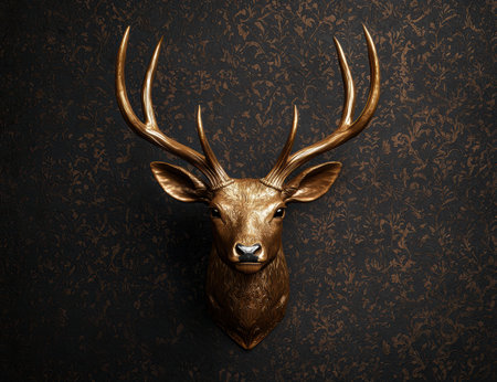 Majestic golden deer head mounted on dark floral wallの素材