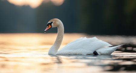 Serene swan swimming in golden sunsetの素材