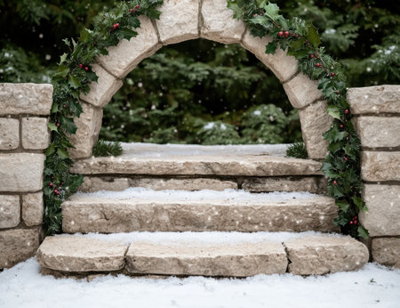 Snowy stone archway with holiday greeneryの素材