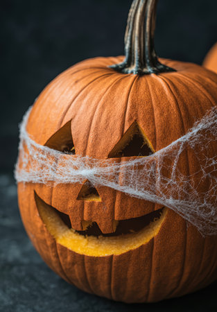 Spooky Halloween pumpkin with jack-o-lantern face and spider webの素材