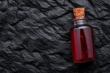 Mysterious red liquor bottle on dark slate backgroundの素材