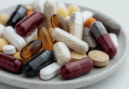 Assortment of various pharmaceutical pills and capsulesの素材