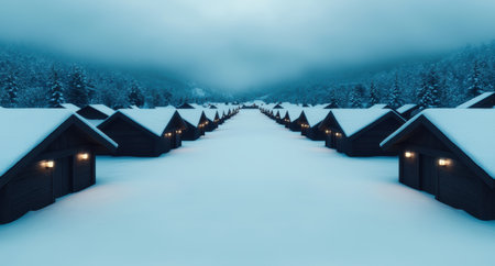 Snowy mountain village at duskの素材