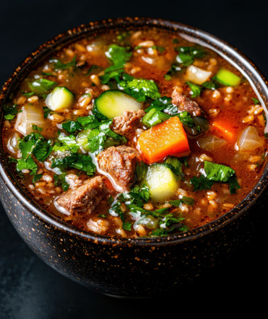 Hearty beef and vegetable stew in a bowlの素材