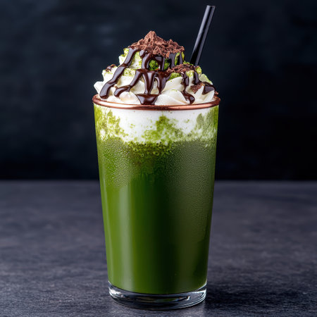 Delicious green tea matcha milkshake with chocolate drizzleの素材