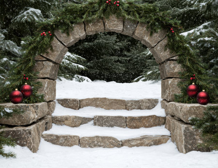 Snowy winter archway with christmas decorationsの素材