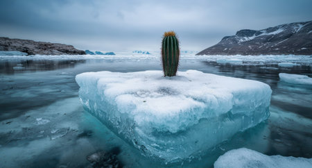 Lone cactus on icy lake in snowy mountain landscapeの素材
