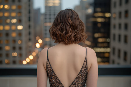 woman with curly brown hair in a backless dress looking out at city skylineの素材