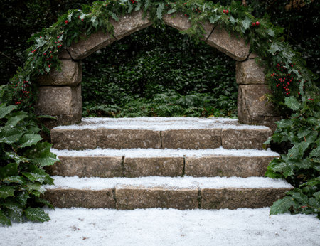 Snowy stone steps with holly archの素材
