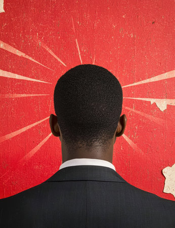 Silhouette of a person in a suit against a vibrant red backgroundの素材