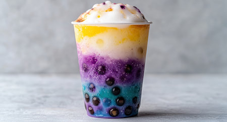 Colorful layered bubble tea drink with tapioca pearlsの素材