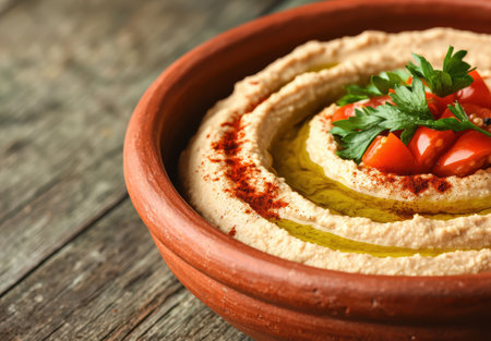 Homemade hummus with fresh parsley and cherry tomatoesの素材