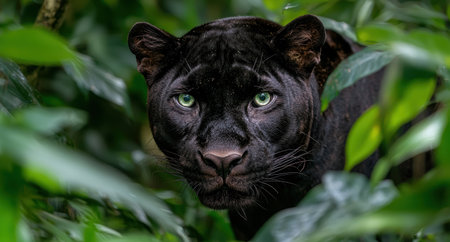 Captivating black panther in lush green foliageの素材