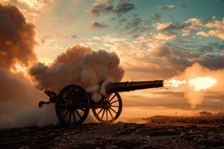 Dramatic cannon fire at sunsetの素材