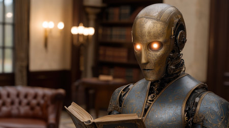 Ornate robot reading book in libraryの素材