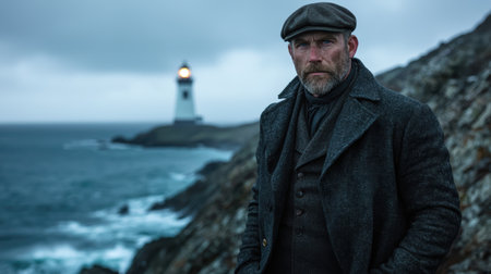 Rugged man standing near lighthouse on rocky coastの素材