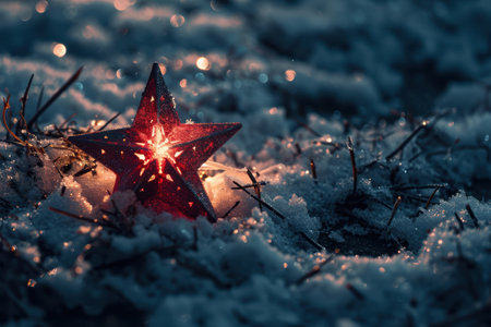 Sparkling red christmas star in snowy winter landscapeの素材