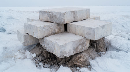 Stacked ice blocks in a frozen landscapeの素材