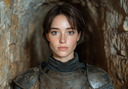 Serious young woman in dark clothingの素材