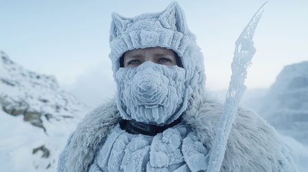 person in heavy winter clothing standing in snowy landscapeの素材