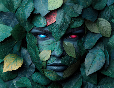 Mysterious forest spirit with glowing eyesの素材