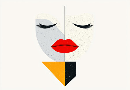 abstract face with red lips and black eyelashesの素材