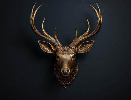 Ornate golden deer head on dark backgroundの素材