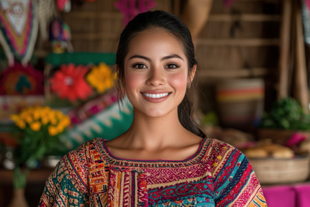 Smiling woman in colorful traditional dressの素材