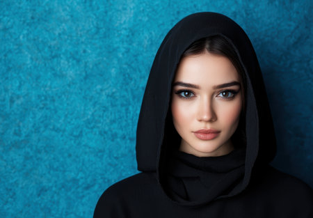 mysterious woman in black hijab against blue backgroundの素材