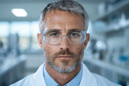 Serious mature man with gray hair and beard wearing safety glassesの素材