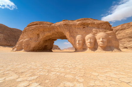 Dramatic rock formation with carved faces in desert landscapeの素材