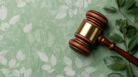 Wooden gavel on green floral backgroundの素材
