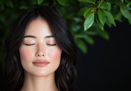 young woman with closed eyes surrounded by natureの素材