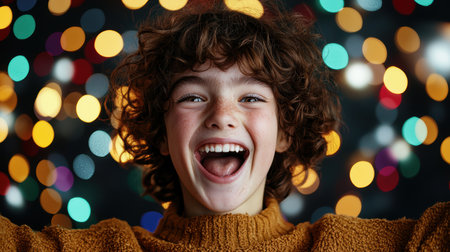 joyful child with curly hair laughing in front of colorful lightsの素材
