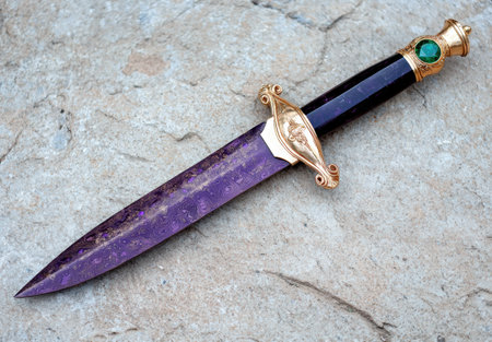 Ornate dagger with purple handle and green gemstoneの素材