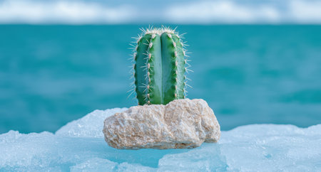 Cactus on rock in turquoise waterの素材