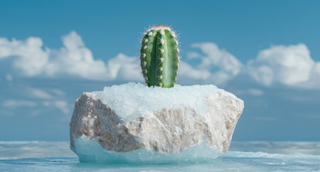 Cactus plant growing on ice block in oceanの素材